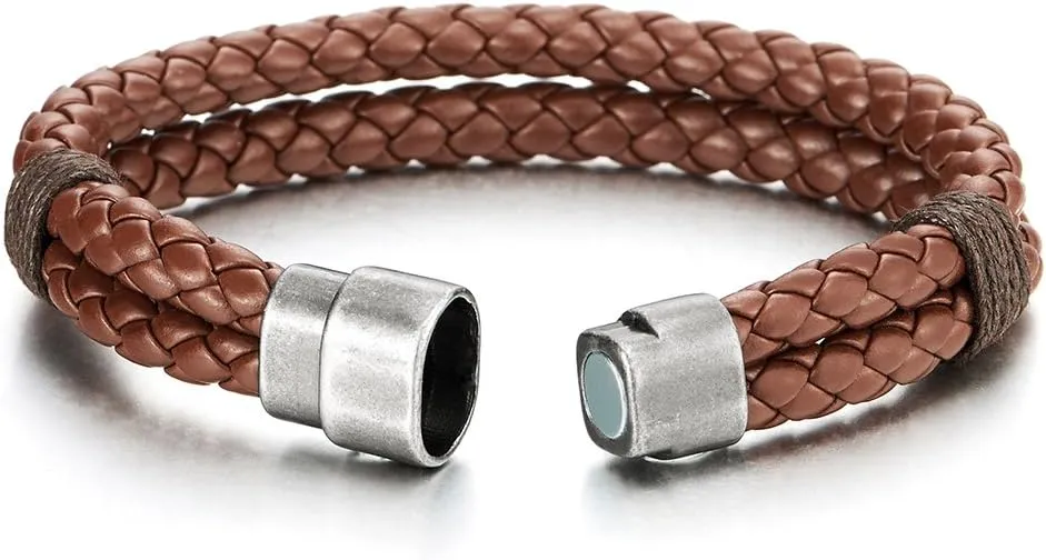 COOLSTEELANDBEYOND Braided Leather Bangle Bracelet for Men Women Genuine Leather Wristband with Magnetic Clasp