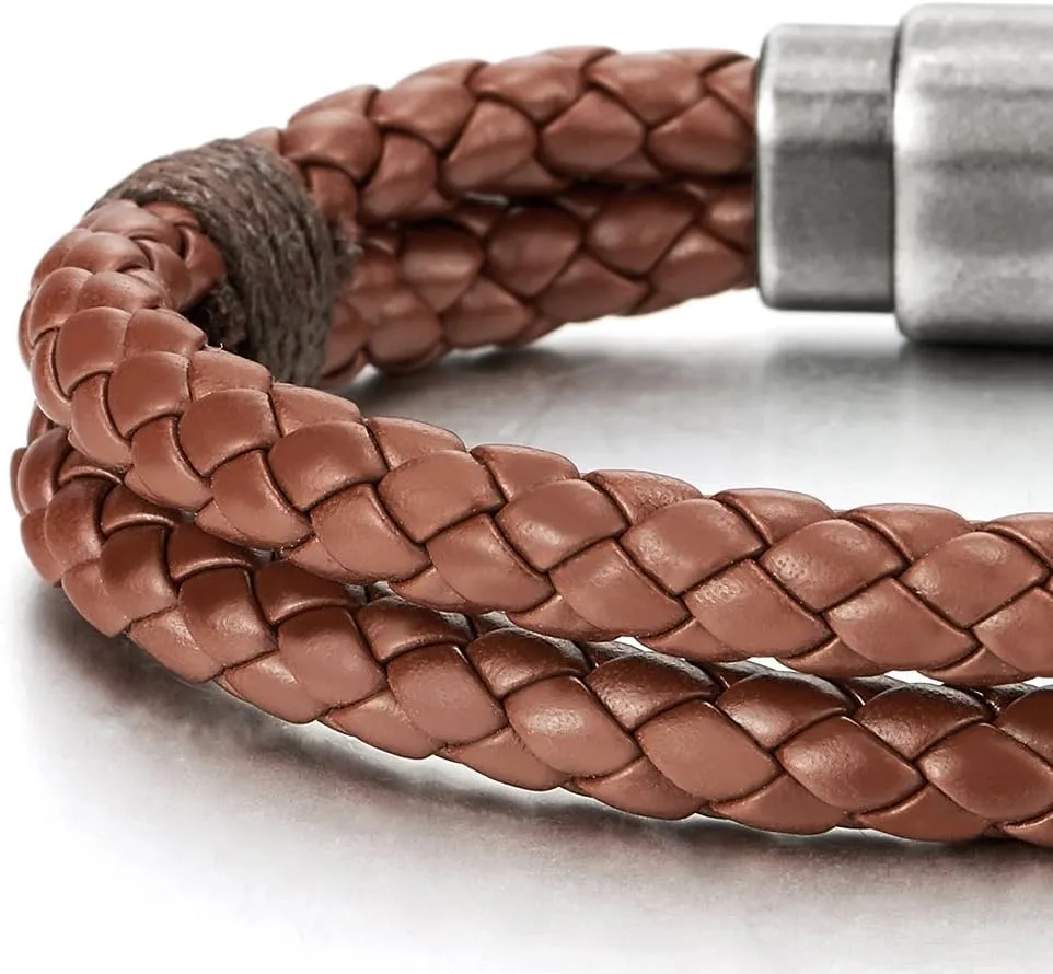 COOLSTEELANDBEYOND Braided Leather Bangle Bracelet for Men Women Genuine Leather Wristband with Magnetic Clasp