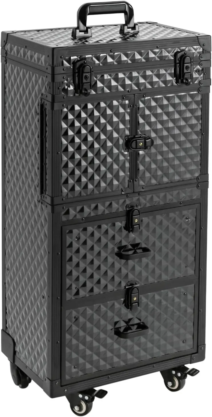 Cosmetology Case on Wheels, Modern Rectangular Fressstanding Black Rolling Makeup Train Case 15.35X10.4X32.28 Inch 4 Layers Cosmetology Rolling Case 33.07 Lbs Load for Hairstylists