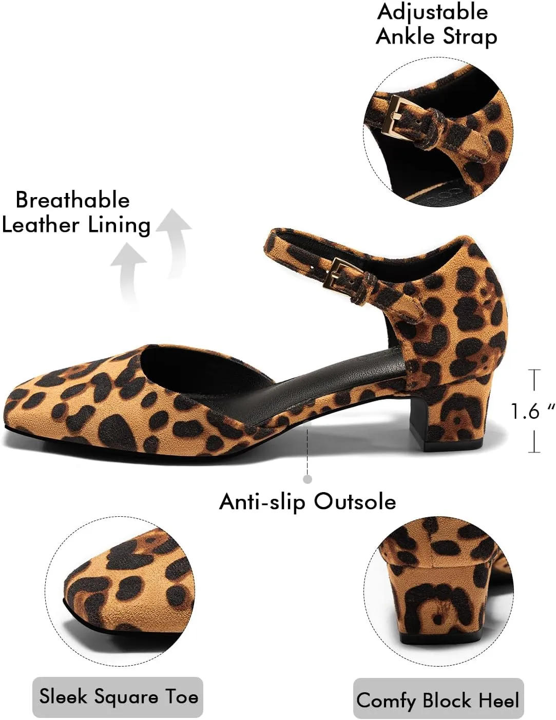 Coutgo Womens Chunky Low Heels Dress Shoes Ankle Buckle Strap Square Toe D'Orsay Pumps Work Party Shoes