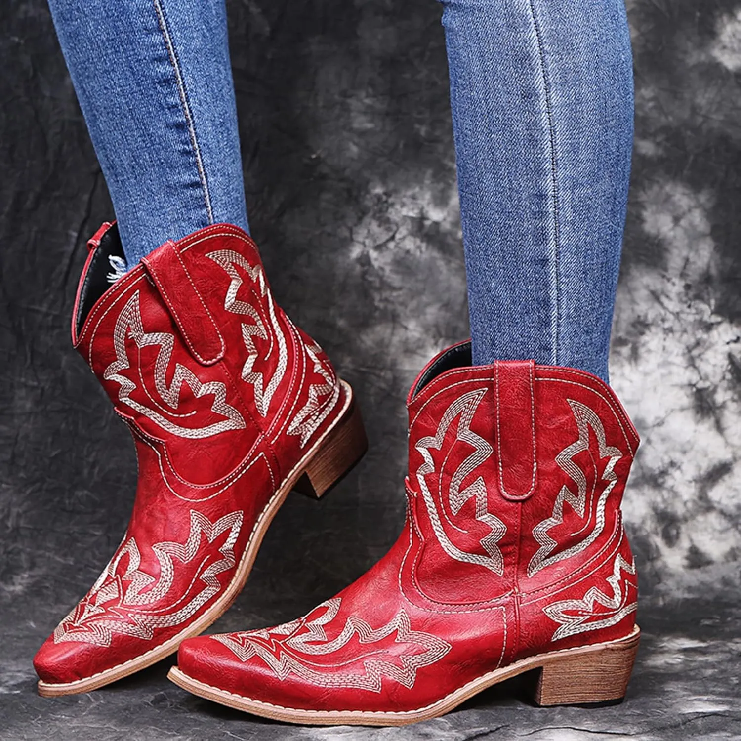 Cowboy Boots for Women Ankle Cowgirl Western Booties Stitched Embroidered Pointed Toe Classic Short Boots