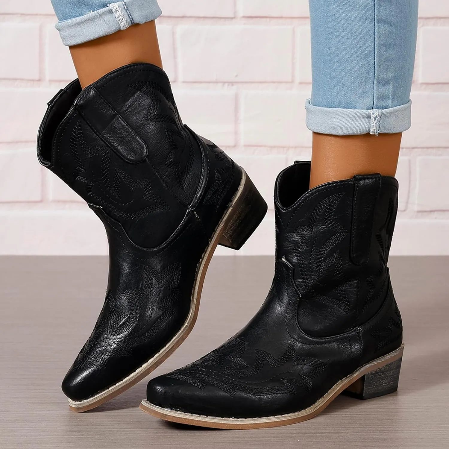 Cowboy Boots for Women Ankle Cowgirl Western Booties Stitched Embroidered Pointed Toe Classic Short Boots