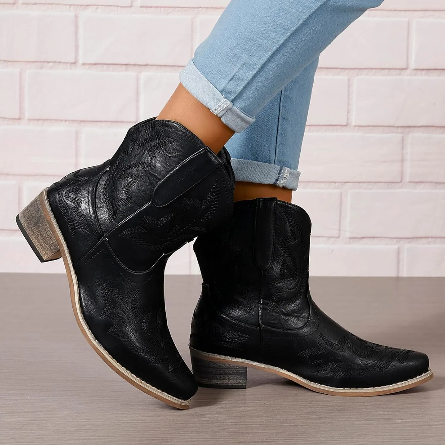 Cowboy Boots for Women Ankle Cowgirl Western Booties Stitched Embroidered Pointed Toe Classic Short Boots