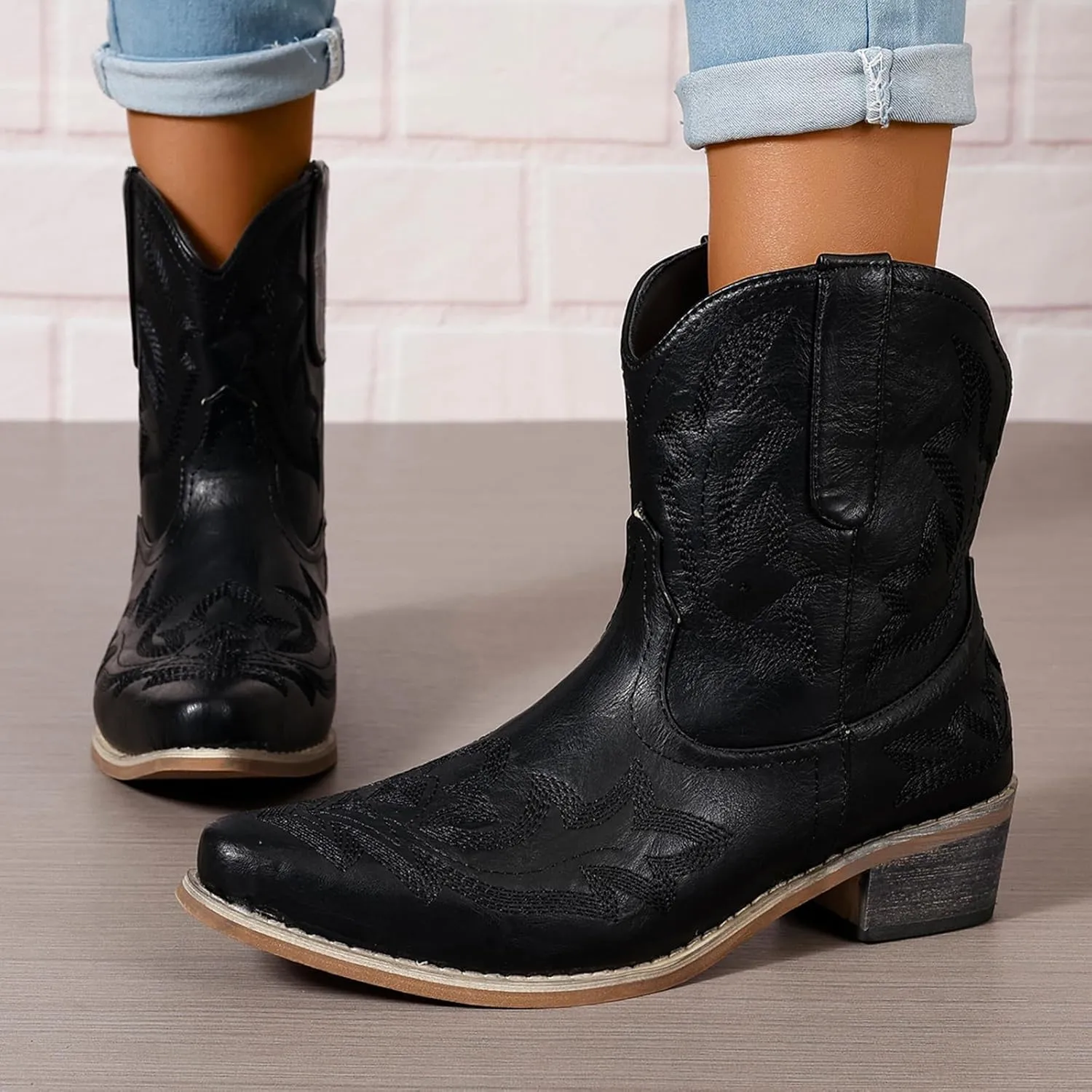 Cowboy Boots for Women Ankle Cowgirl Western Booties Stitched Embroidered Pointed Toe Classic Short Boots