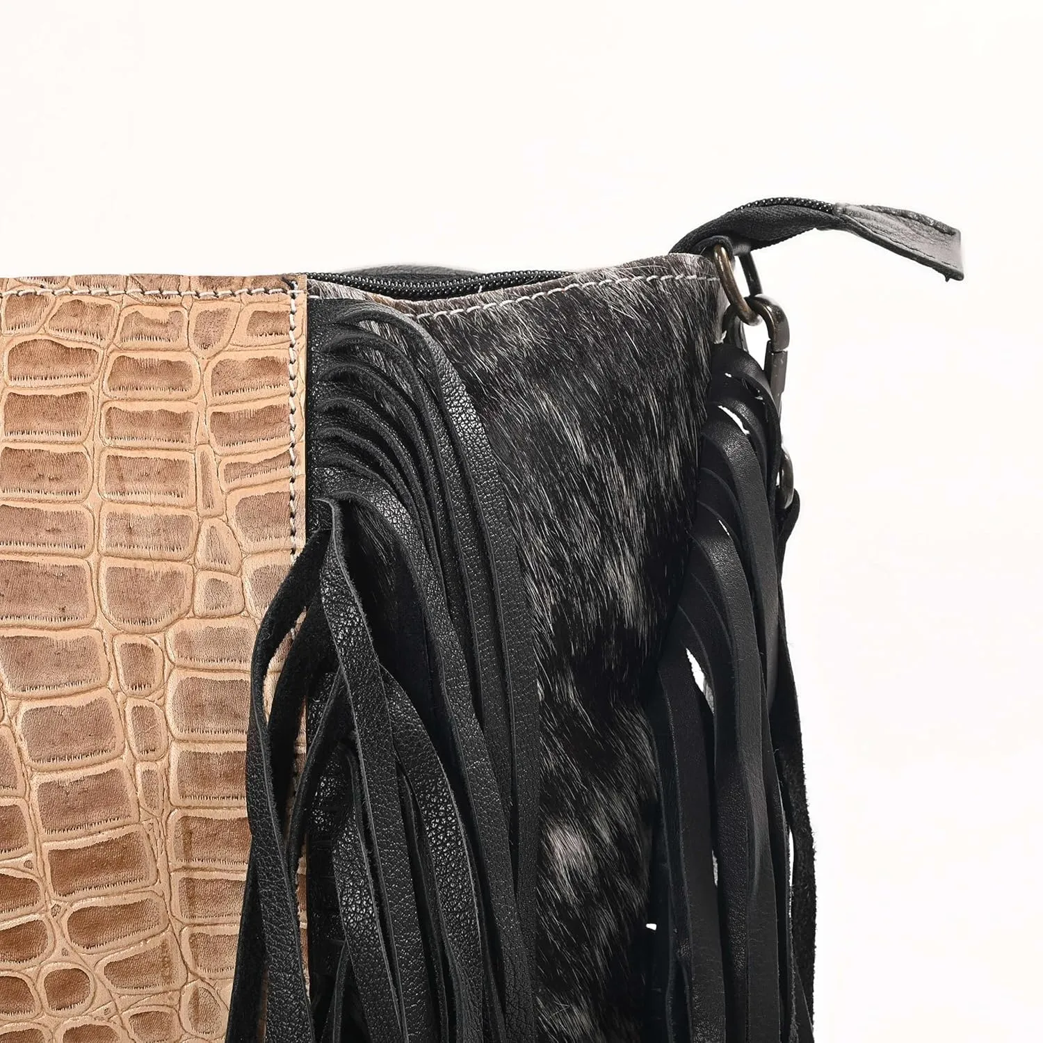 Cowgirl Crossbody Handbag - Cowhide and Alligator Leather with Fringes