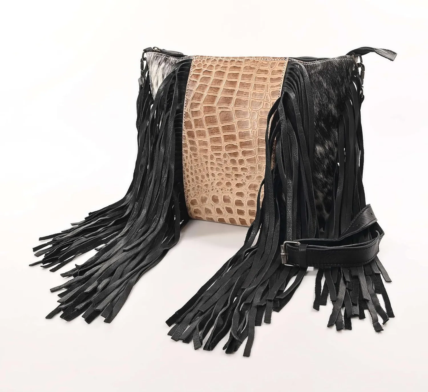 Cowgirl Crossbody Handbag - Cowhide and Alligator Leather with Fringes