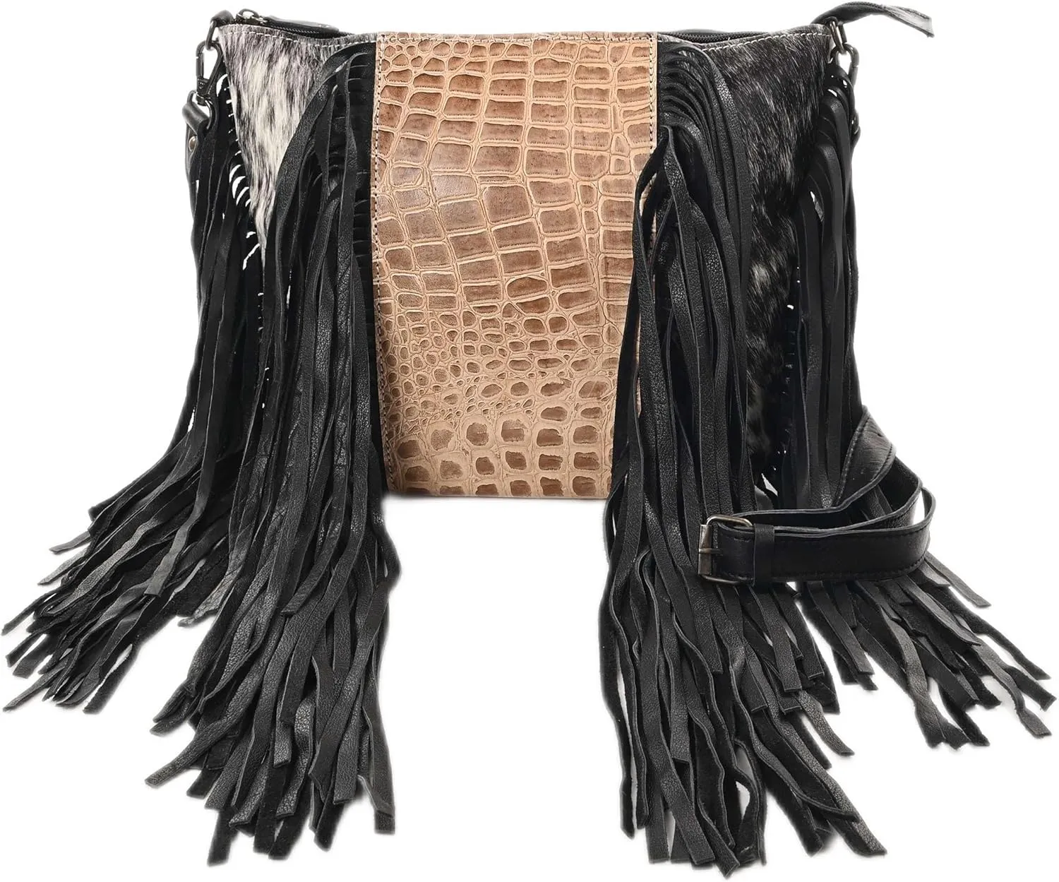 Cowgirl Crossbody Handbag - Cowhide and Alligator Leather with Fringes