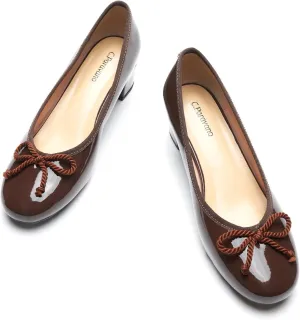 C.Paravano Women's Chunky Heel Ballet Pumps-Patent Leather Dress Shoes with Bowknots for Wedding & Office, Spring Date Nights, Business Casual