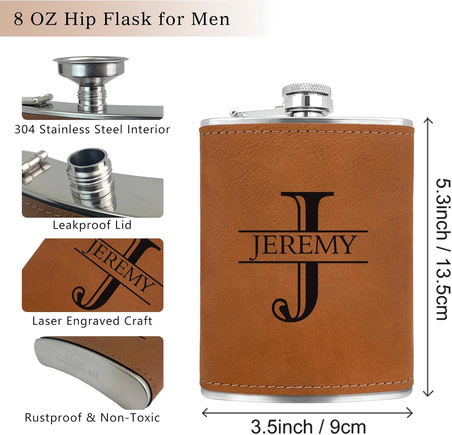 Custom Flask for Men Leather Engraved Whiskey Hip Flasks for Liquor with Initial 8 oz Stainless Steel Monogram Personalized Gifts for Men Wedding Bachelor Birthday Valentines Gifts for Him 1 Pcs