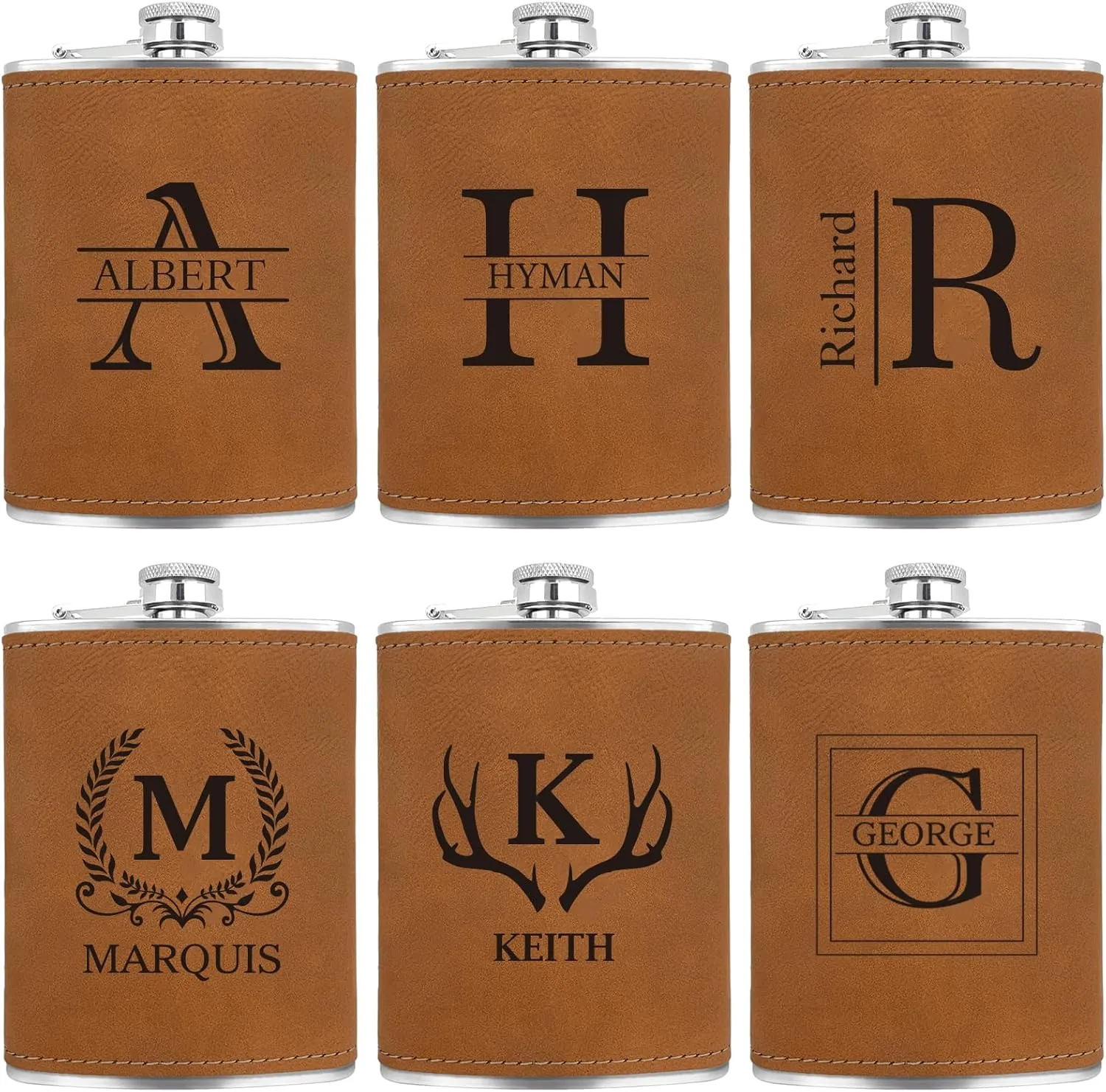 Custom Flask for Men Leather Engraved Whiskey Hip Flasks for Liquor with Initial 8 oz Stainless Steel Monogram Personalized Gifts for Men Wedding Bachelor Birthday Valentines Gifts for Him 1 Pcs