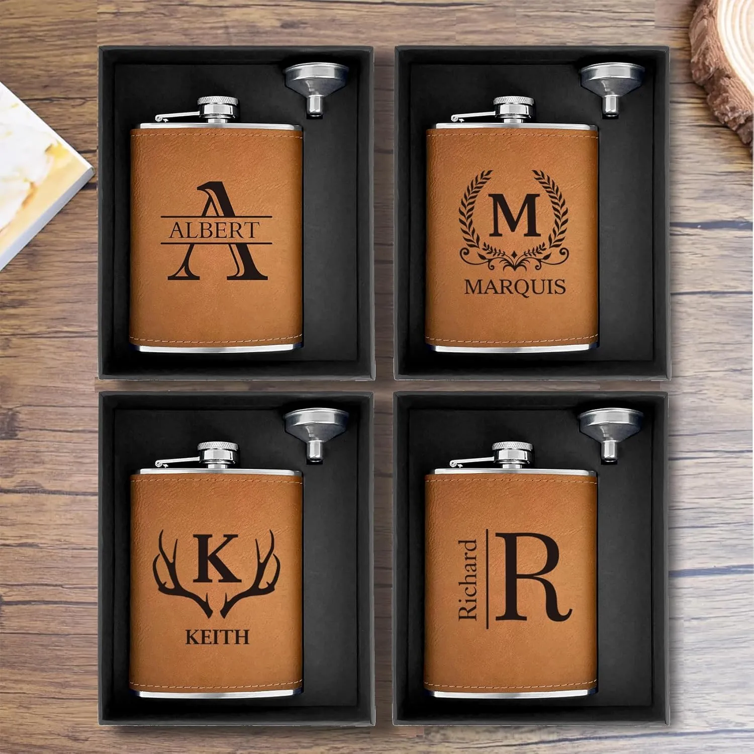 Custom Flask for Men Leather Engraved Whiskey Hip Flasks for Liquor with Initial 8 oz Stainless Steel Monogram Personalized Gifts for Men Wedding Bachelor Birthday Valentines Gifts for Him 1 Pcs