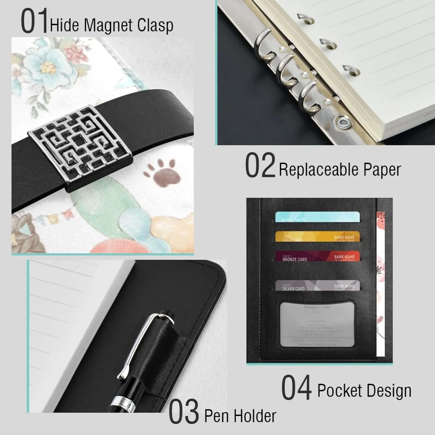 Cute Animals Fly Hot Air Balloon A5 Binder 6 Ring Refillable PU Leather Notebook Journal with Magnetic Buckle Closure Loose Leaf Travel Office Planner Budget Binder Notepad Portfolio,