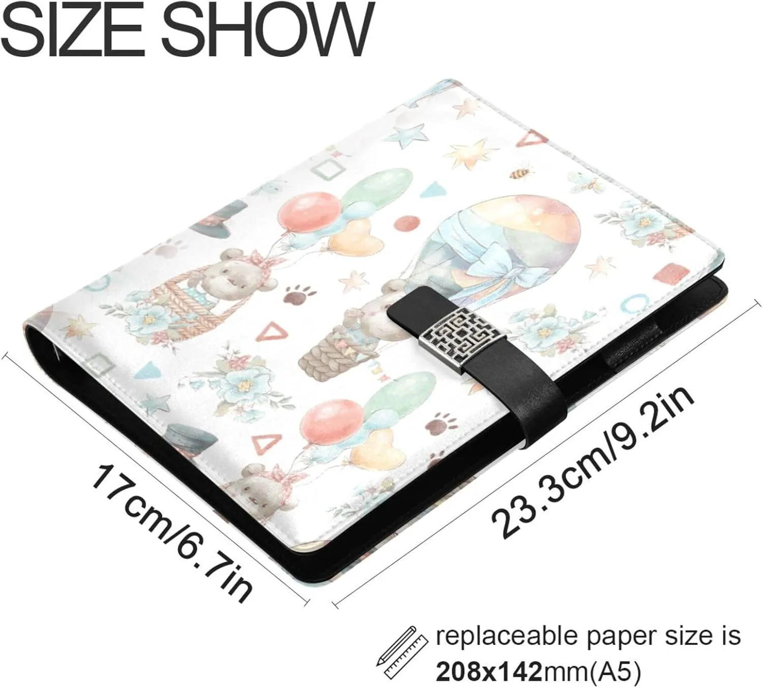 Cute Animals Fly Hot Air Balloon A5 Binder 6 Ring Refillable PU Leather Notebook Journal with Magnetic Buckle Closure Loose Leaf Travel Office Planner Budget Binder Notepad Portfolio,