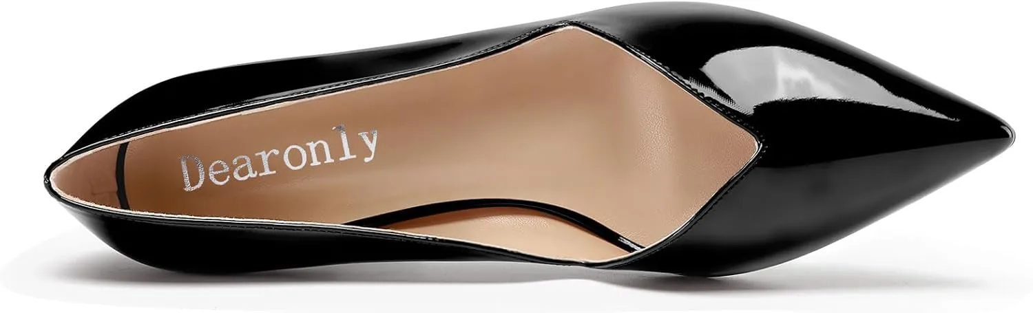 DearOnly Womens Mid Stiletto Heel Dress Slip-on Close Pointed Toe Pumps Cute Patent Leather Prom Casual Shoes 2.4 Inches Heels
