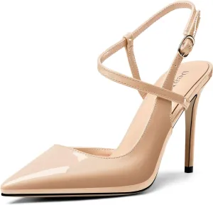 DearOnly Womens Sexy Slingback Ankle Strap Buckle Pumps High Stiletto Heel Close Pointed Toe Patent Leather Wedding Prom Shoes 3.9 Inches Heels