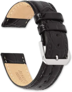 deBeer Alligator Grain Leather Watch Band - Black - 16mm - Long Length Replacement Watch Strap
