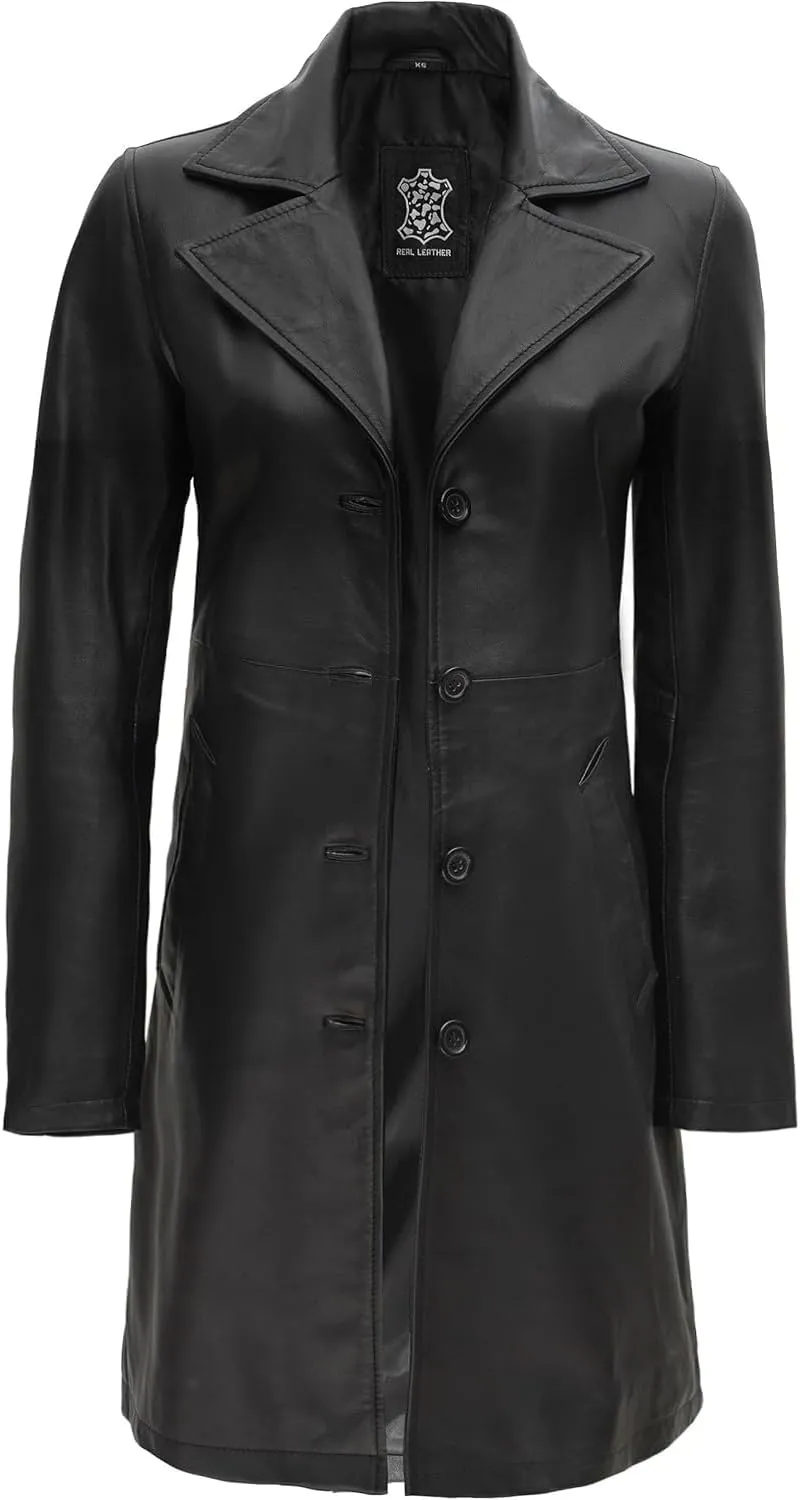 Decrum Leather Coat Women - Real Lambskin Women's Long Leather Car Coat