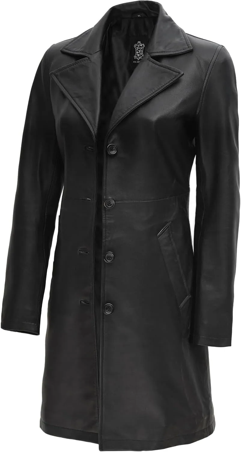 Decrum Leather Coat Women - Real Lambskin Women's Long Leather Car Coat