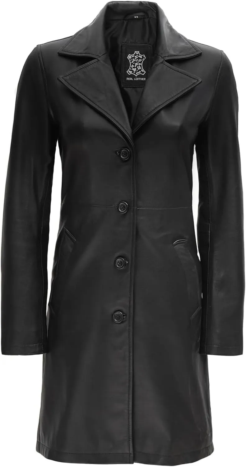 Decrum Leather Coat Women - Real Lambskin Women's Long Leather Car Coat