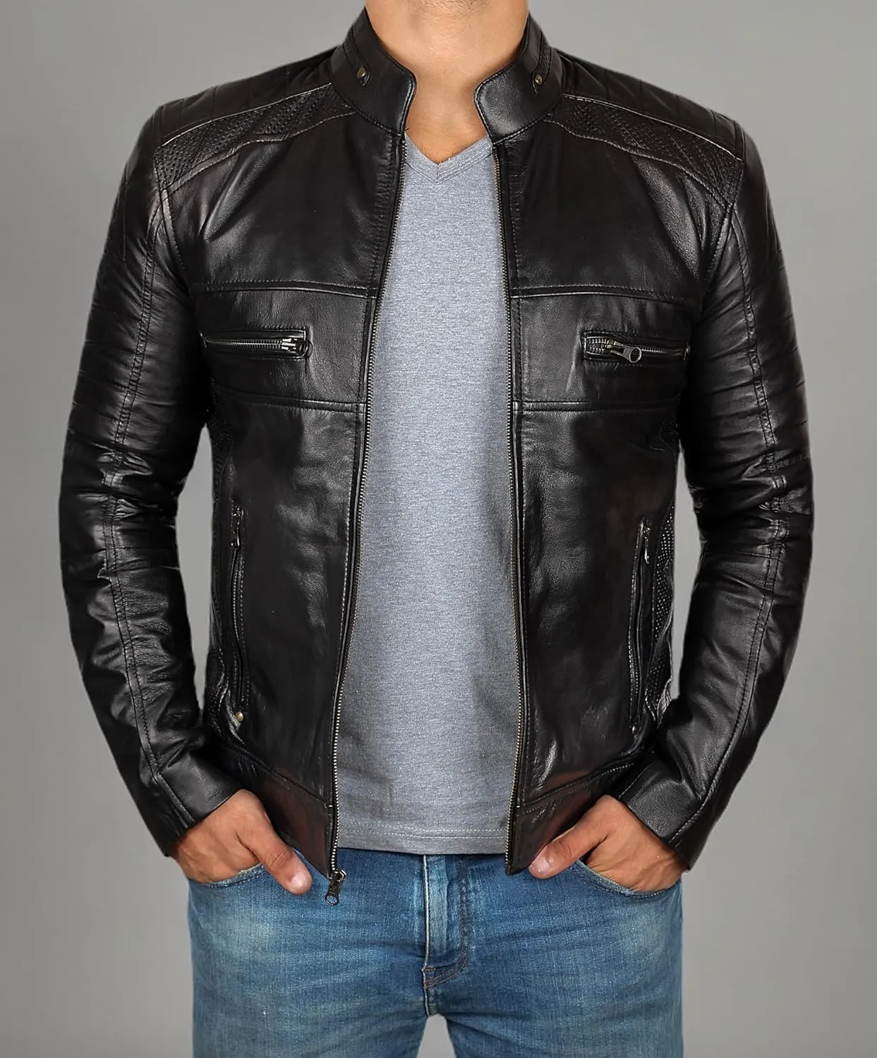 Decrum Real Leather Jacket Men - Motorcycle Black and Brown Leather Jacket