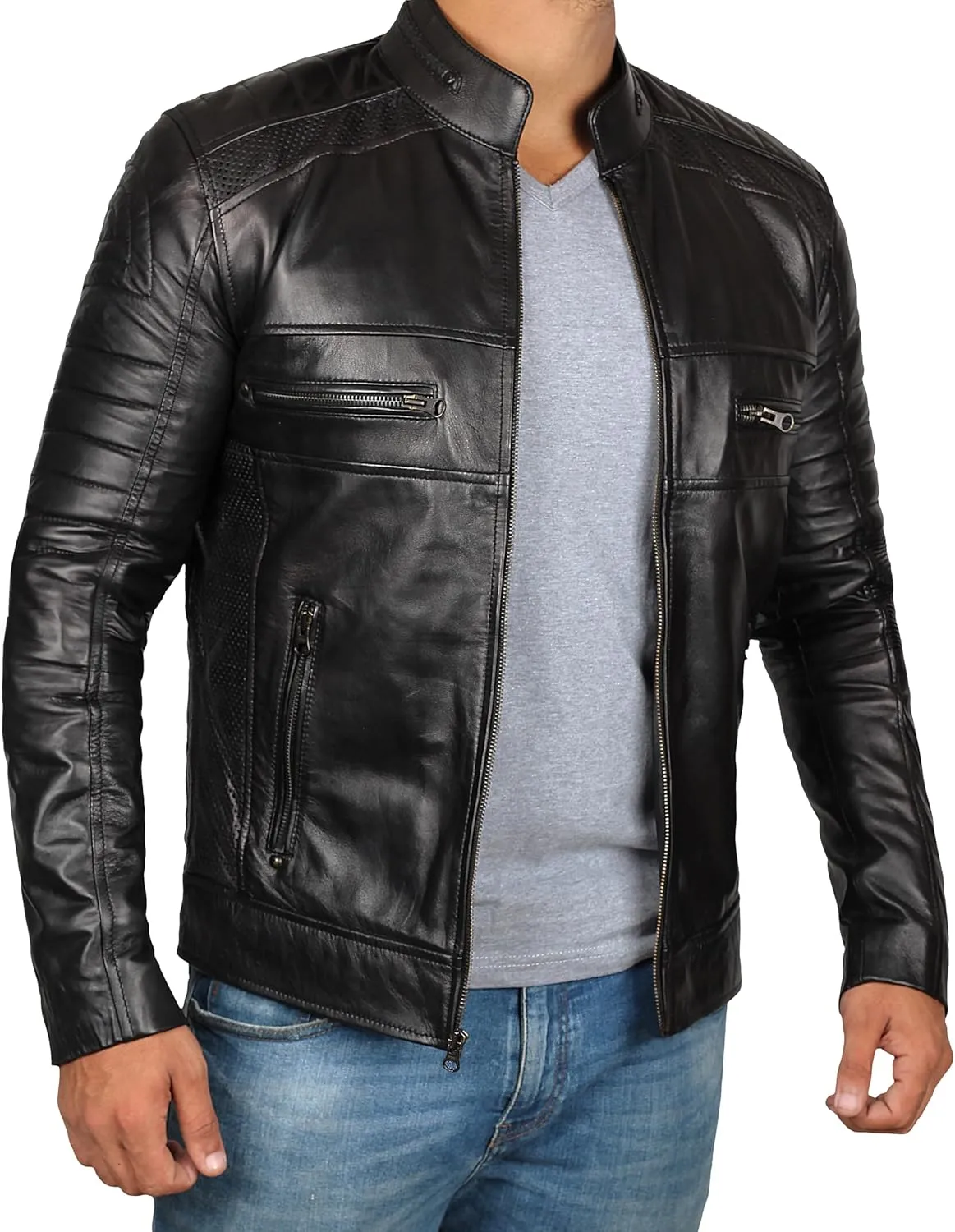 Decrum Real Leather Jacket Men - Motorcycle Black and Brown Leather Jacket