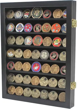 DisplayGifts Military Challenge Coin Display Case Rack Sport Pin Medal Poker Chips Cabinet Shadow Box Frame with Lockable Door Black Finish