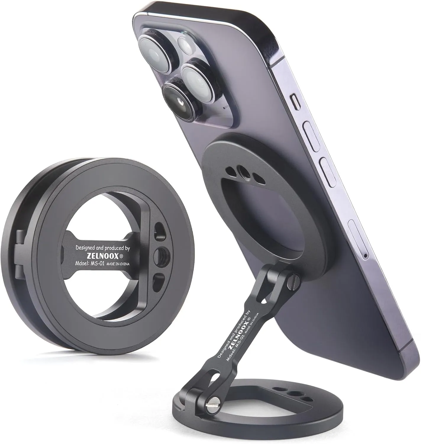 Double Magnetic Ring Phone Holder – Attach to Any Iron Surface | 1/4" Screw Hole | Compatible with iPhone 16/15/14/13/12 Pro Max Series & MagSafe Cases (MS-01-Black)
