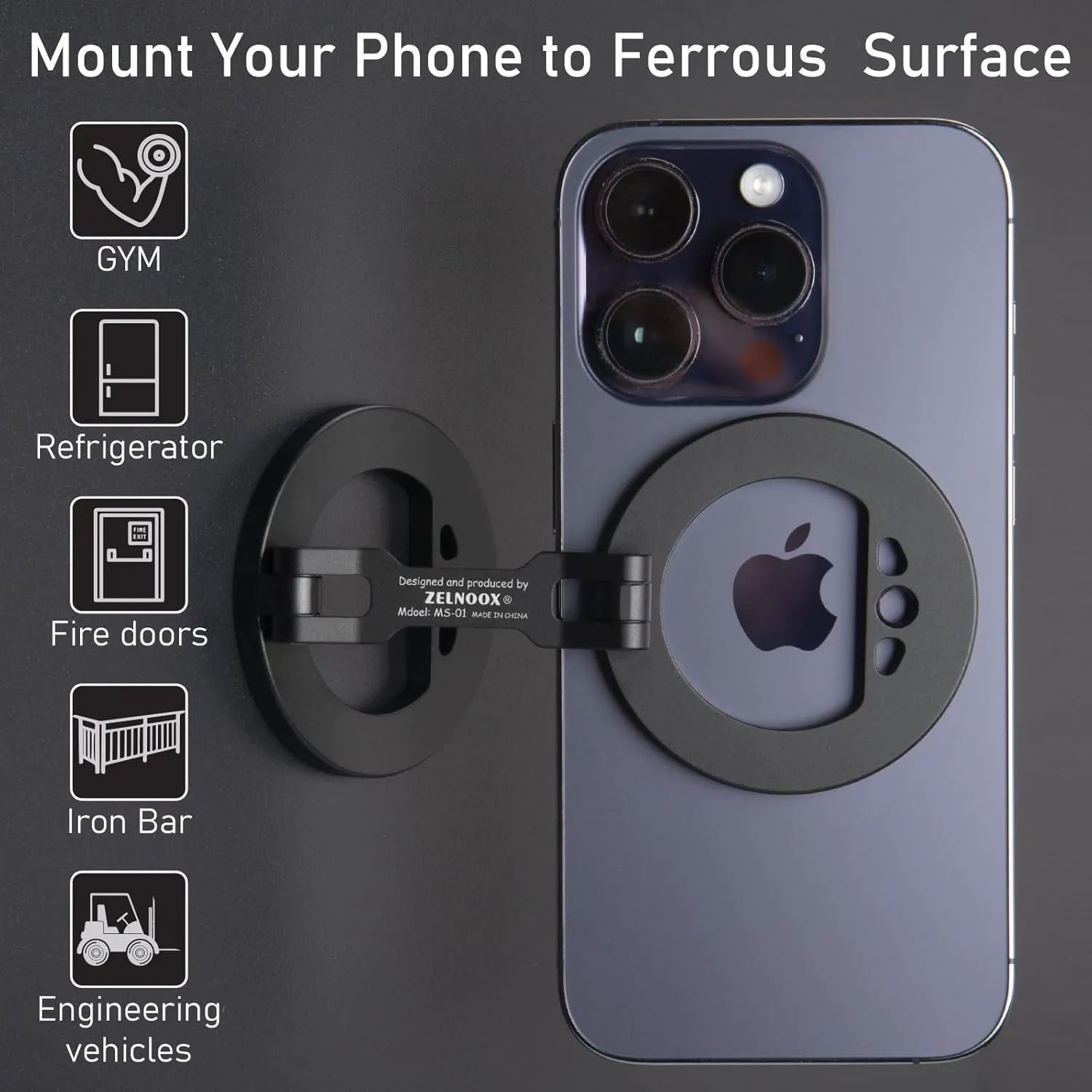Double Magnetic Ring Phone Holder – Attach to Any Iron Surface | 1/4" Screw Hole | Compatible with iPhone 16/15/14/13/12 Pro Max Series & MagSafe Cases (MS-01-Black)