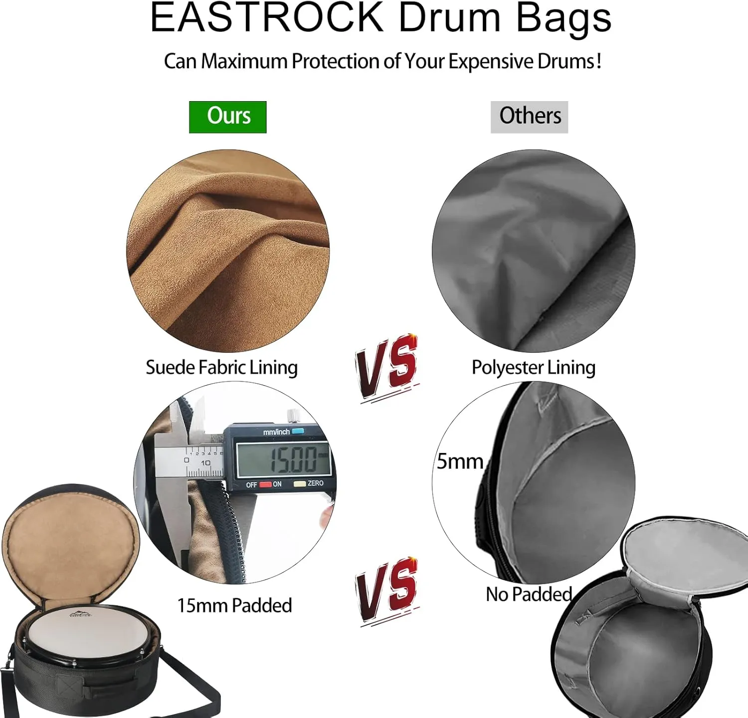 EASTROCK 14" x5.5" Snare Drum Bag, Snare Drum Cases 15 mm Thick Padding for Your Drum Protection (14 * 5.5" Snare)