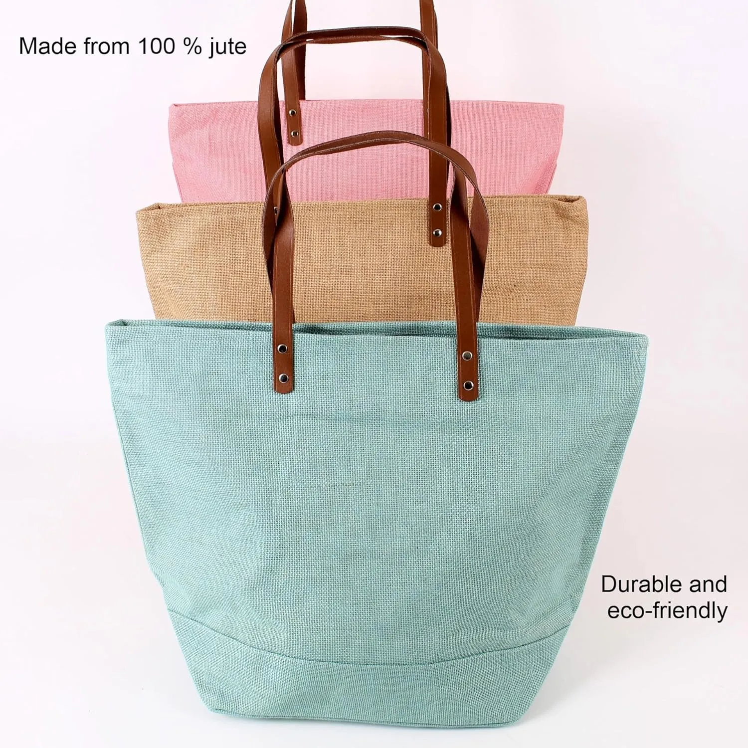 Eco Friendly Sustainable Jute Zip Tote Bag With Leather Handles, Jute Burlap Tote Bag For Beach, Picnic, Casual Fashion