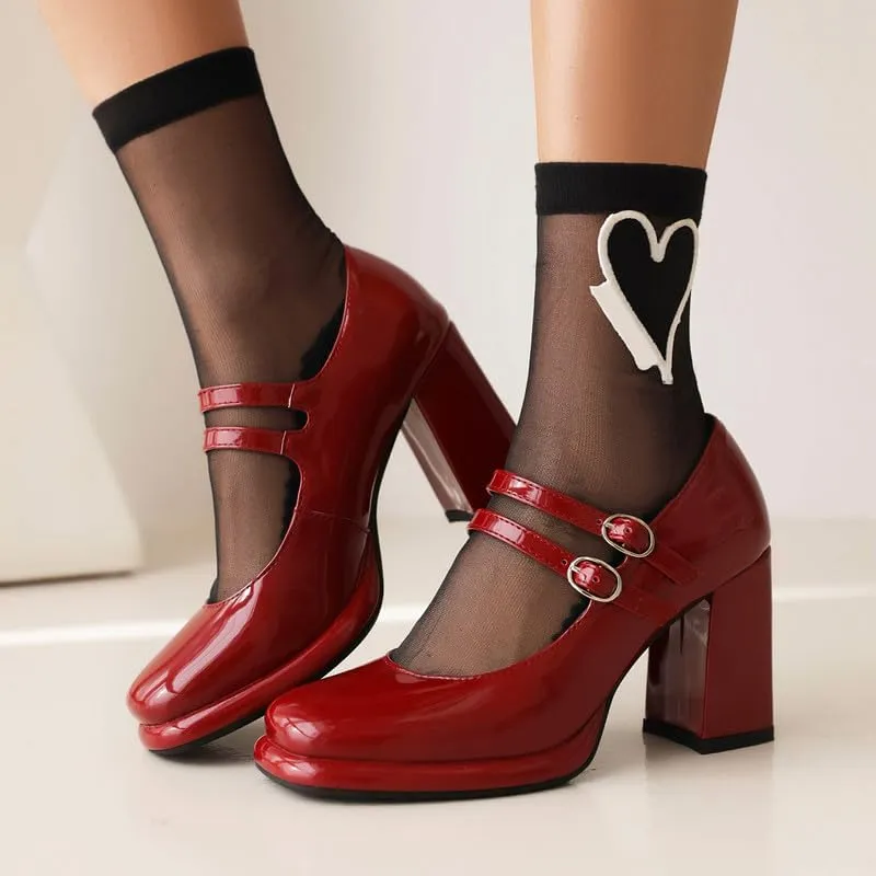 Elbslutt Women's Patent Leather Chunky Heel Mary Janes Pumps Platfrom High Block Heels Close Square Toe Pumps Shoes with Buckle Strap for Office Party Casual Wedding
