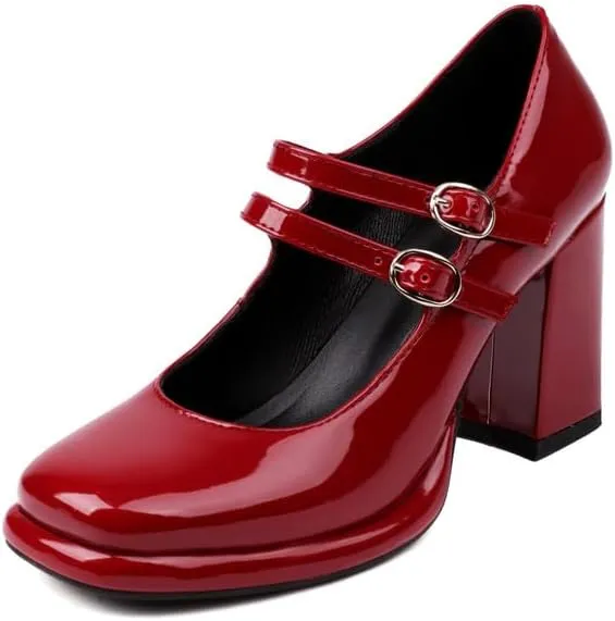 Elbslutt Women's Patent Leather Chunky Heel Mary Janes Pumps Platfrom High Block Heels Close Square Toe Pumps Shoes with Buckle Strap for Office Party Casual Wedding