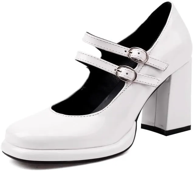 Elbslutt Women's Patent Leather Chunky Heel Mary Janes Pumps Platfrom High Block Heels Close Square Toe Pumps Shoes with Buckle Strap for Office Party Casual Wedding