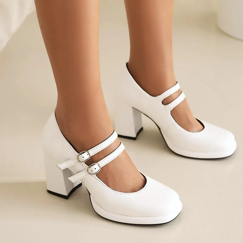 Elbslutt Women's Patent Leather Chunky Heel Mary Janes Pumps Platfrom High Block Heels Close Square Toe Pumps Shoes with Buckle Strap for Office Party Casual Wedding