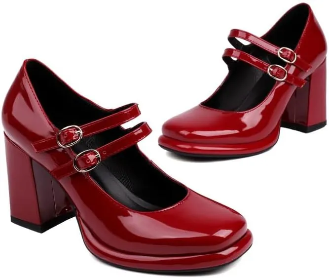 Elbslutt Women's Patent Leather Chunky Heel Mary Janes Pumps Platfrom High Block Heels Close Square Toe Pumps Shoes with Buckle Strap for Office Party Casual Wedding