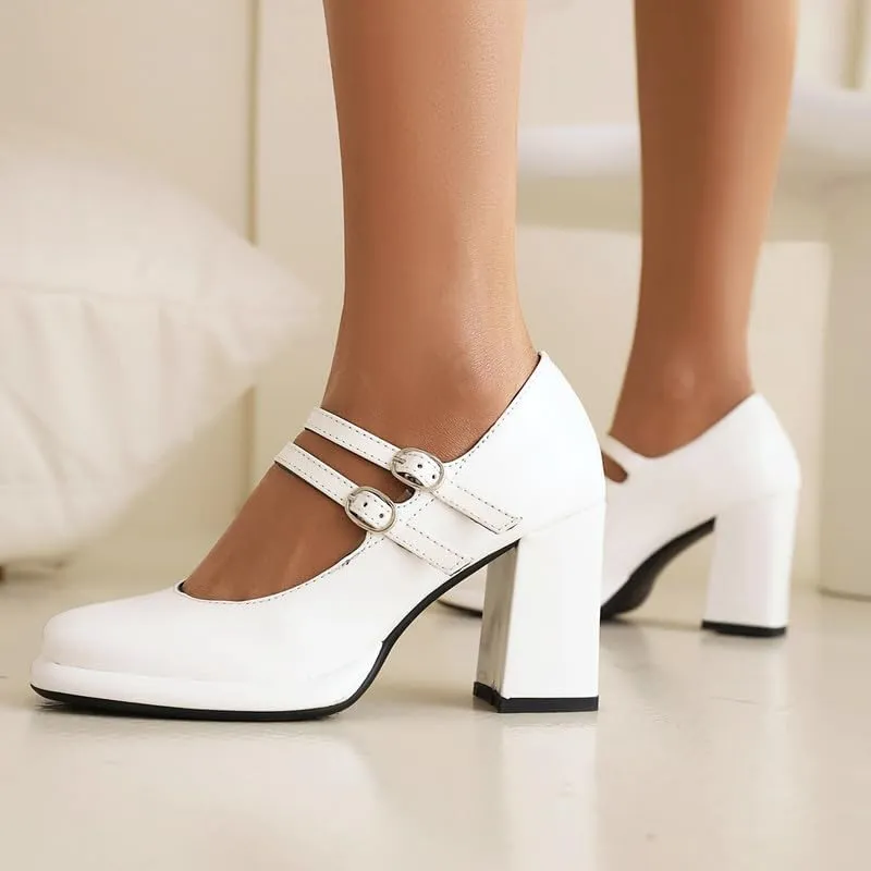 Elbslutt Women's Patent Leather Chunky Heel Mary Janes Pumps Platfrom High Block Heels Close Square Toe Pumps Shoes with Buckle Strap for Office Party Casual Wedding