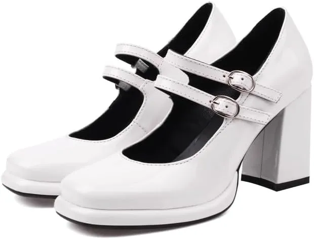 Elbslutt Women's Patent Leather Chunky Heel Mary Janes Pumps Platfrom High Block Heels Close Square Toe Pumps Shoes with Buckle Strap for Office Party Casual Wedding
