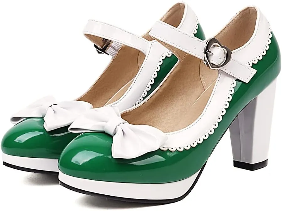 Elbslutt Women's Patent Leather Chunky Mary Janes Platform Rockabilly Shoes Block Heels Ankle Strap Pumps Bow Vintage Shoes