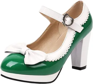 Elbslutt Women's Patent Leather Chunky Mary Janes Platform Rockabilly Shoes Block Heels Ankle Strap Pumps Bow Vintage Shoes