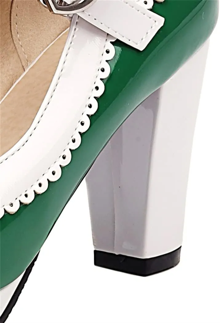 Elbslutt Women's Patent Leather Chunky Mary Janes Platform Rockabilly Shoes Block Heels Ankle Strap Pumps Bow Vintage Shoes