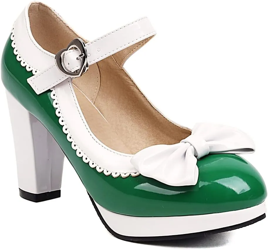 Elbslutt Women's Patent Leather Chunky Mary Janes Platform Rockabilly Shoes Block Heels Ankle Strap Pumps Bow Vintage Shoes