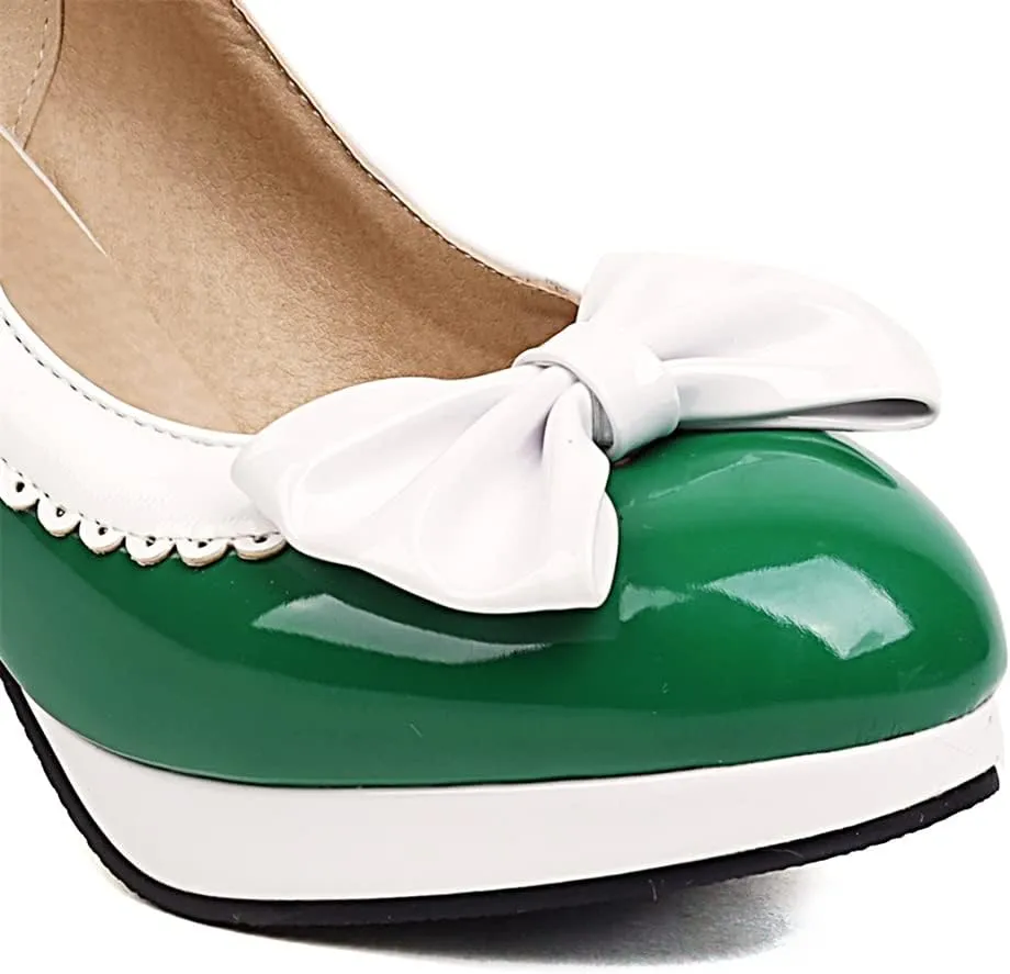 Elbslutt Women's Patent Leather Chunky Mary Janes Platform Rockabilly Shoes Block Heels Ankle Strap Pumps Bow Vintage Shoes