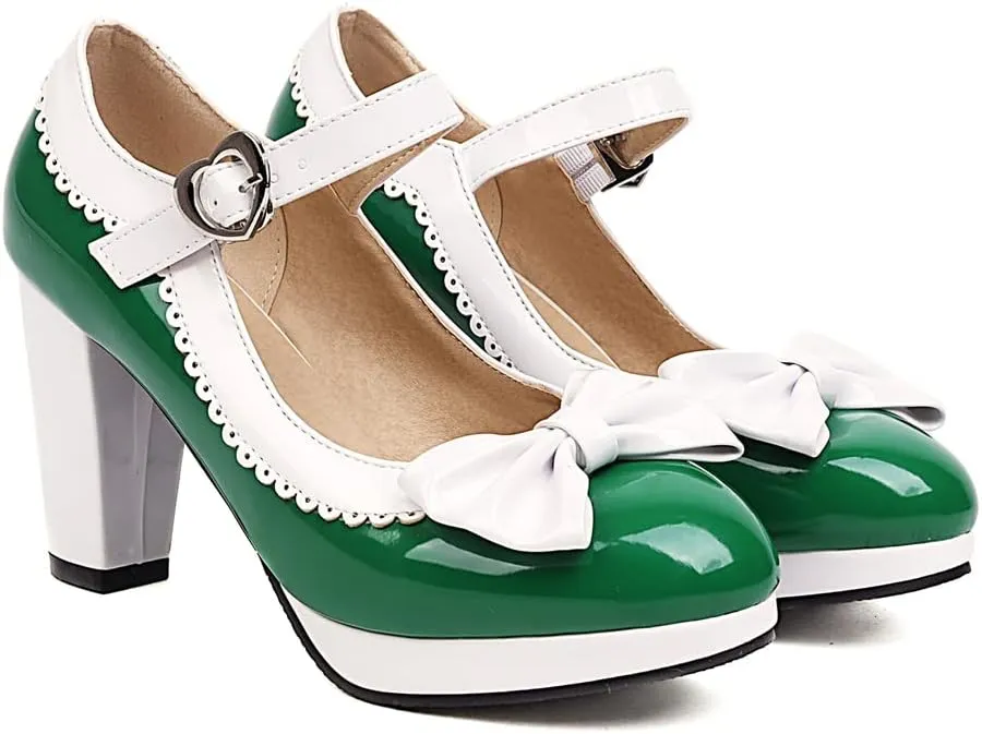 Elbslutt Women's Patent Leather Chunky Mary Janes Platform Rockabilly Shoes Block Heels Ankle Strap Pumps Bow Vintage Shoes