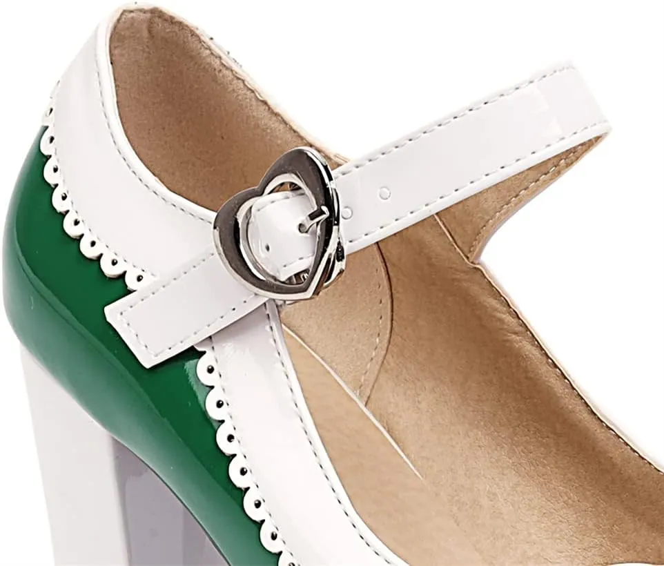 Elbslutt Women's Patent Leather Chunky Mary Janes Platform Rockabilly Shoes Block Heels Ankle Strap Pumps Bow Vintage Shoes