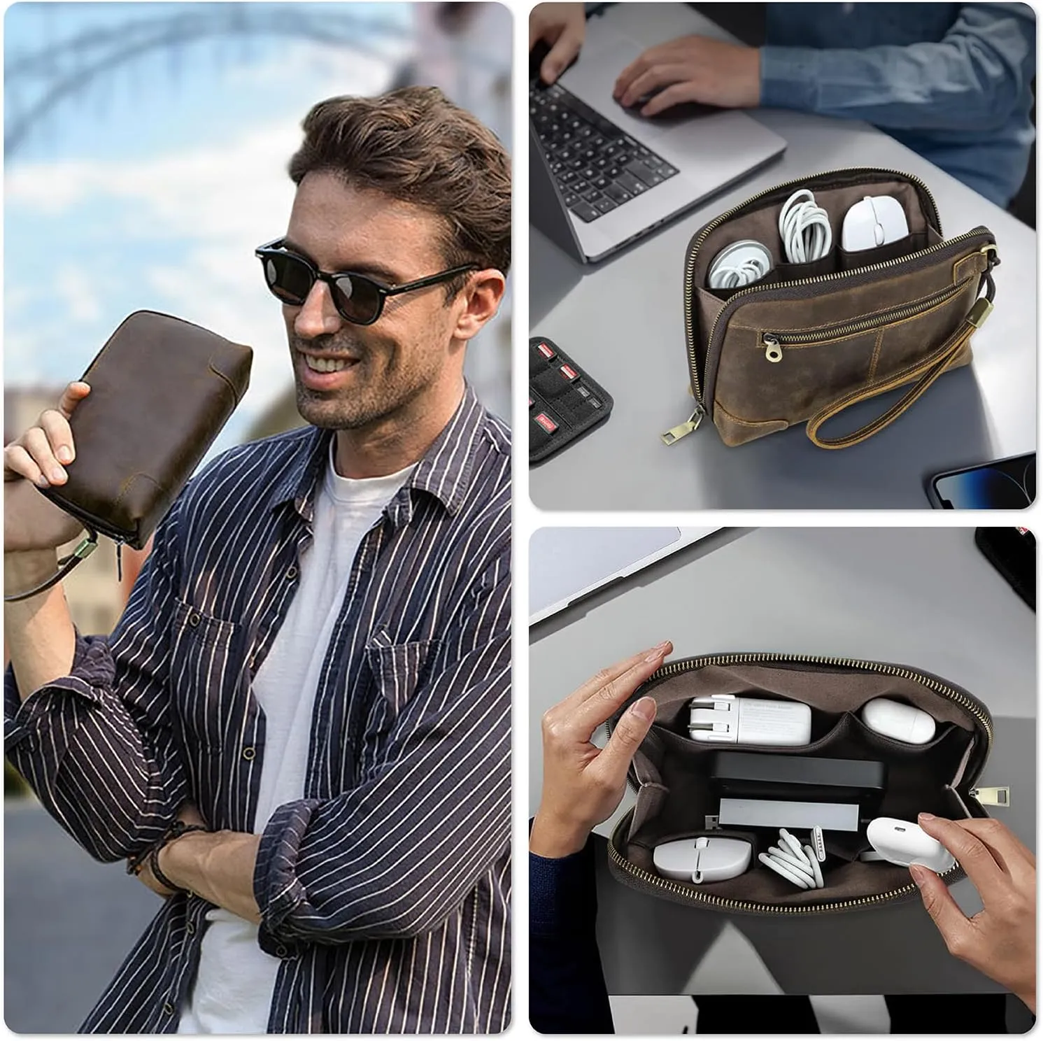 Electronic Organizer Zipper Bag Tech Pouch, Top Grain Leather Handmade, Portable Compact Travel Storage Cases Fits Apple Accessories, Phone, USB Cables, Power Banks, Chargers, Hard Drive