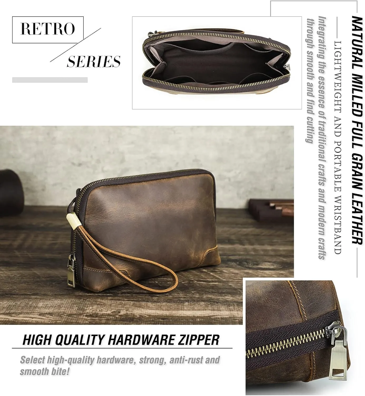 Electronic Organizer Zipper Bag Tech Pouch, Top Grain Leather Handmade, Portable Compact Travel Storage Cases Fits Apple Accessories, Phone, USB Cables, Power Banks, Chargers, Hard Drive