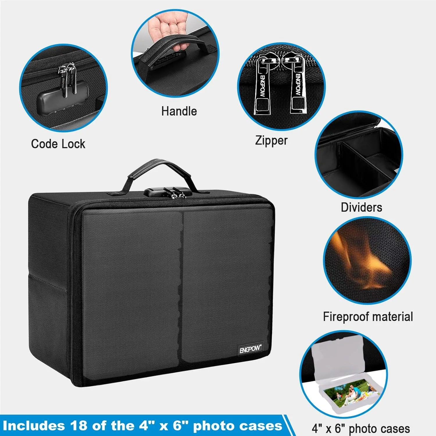 ENGPOW Photo Storage Box with 18 Inner 4" x 6" Photo Case(Clear), Fireproof Photo Organizer with Lock, Collapsible Portable Acid-Free Photo Keeper Craft Storage with Handles for Home, Office, travel