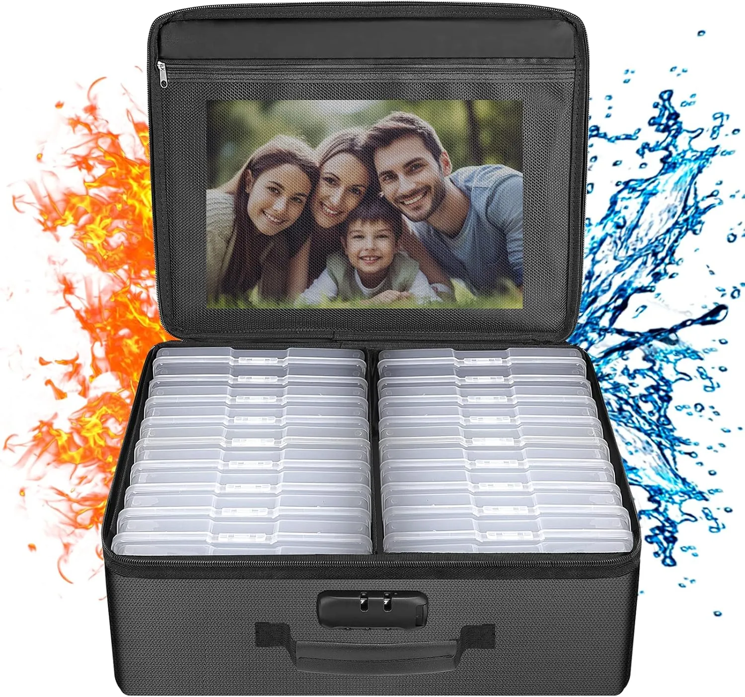 ENGPOW Photo Storage Box with 18 Inner 4" x 6" Photo Case(Clear), Fireproof Photo Organizer with Lock, Collapsible Portable Acid-Free Photo Keeper Craft Storage with Handles for Home, Office, travel