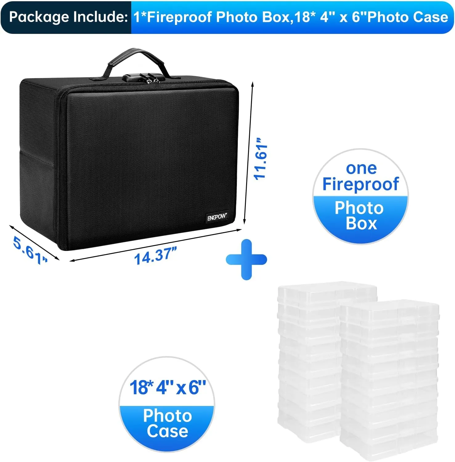 ENGPOW Photo Storage Box with 18 Inner 4" x 6" Photo Case(Clear), Fireproof Photo Organizer with Lock, Collapsible Portable Acid-Free Photo Keeper Craft Storage with Handles for Home, Office, travel