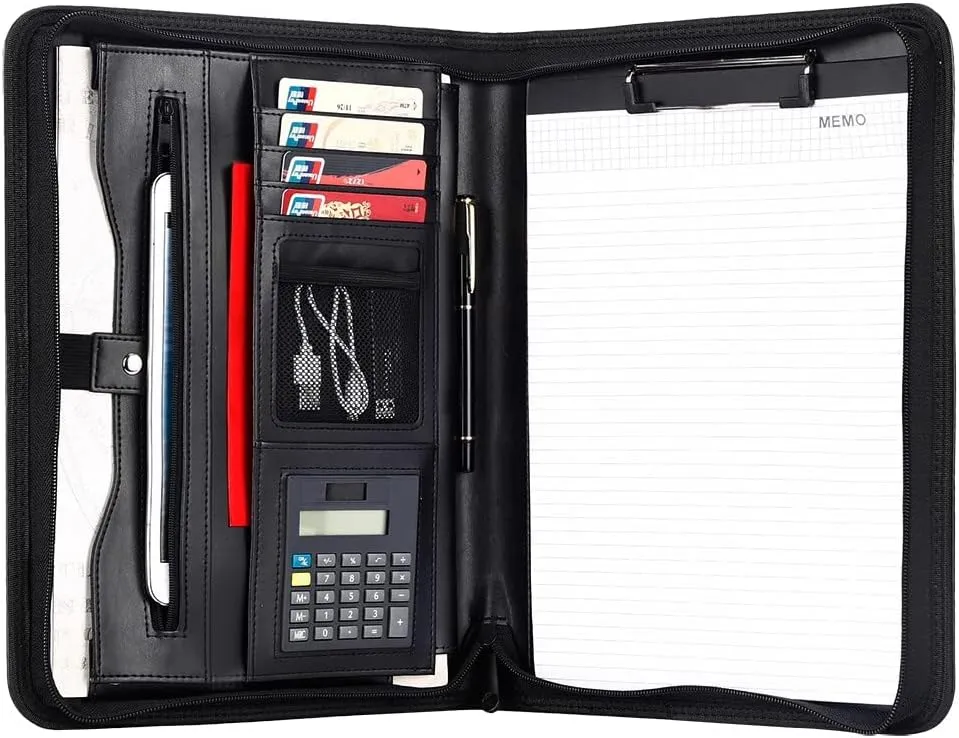 Eshow Leather Portfolio Professional Business Padfolio with Zipper - Interview Resume Notefolio Premium Legal Document Organizer with Card Holder, Writing Pad and File Folders for Men and Women